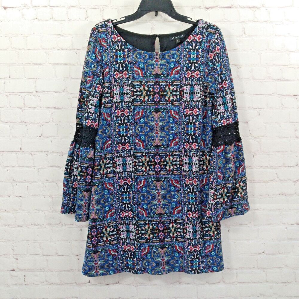 As You Wish Dress Womens Large Blue Crochet Lace Long Bell Sleeve Mini Boho